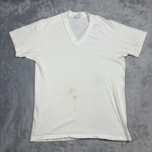 Vintage Sears Shirt Mens Large White V Neck Single Stitch Thin Stained 80s